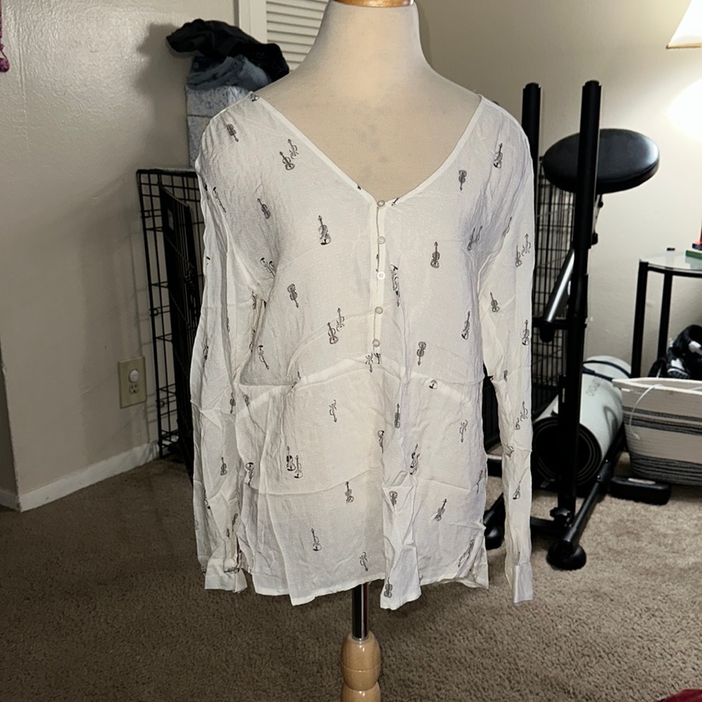 Hinge musical instrument printed white loose blouse with buttons